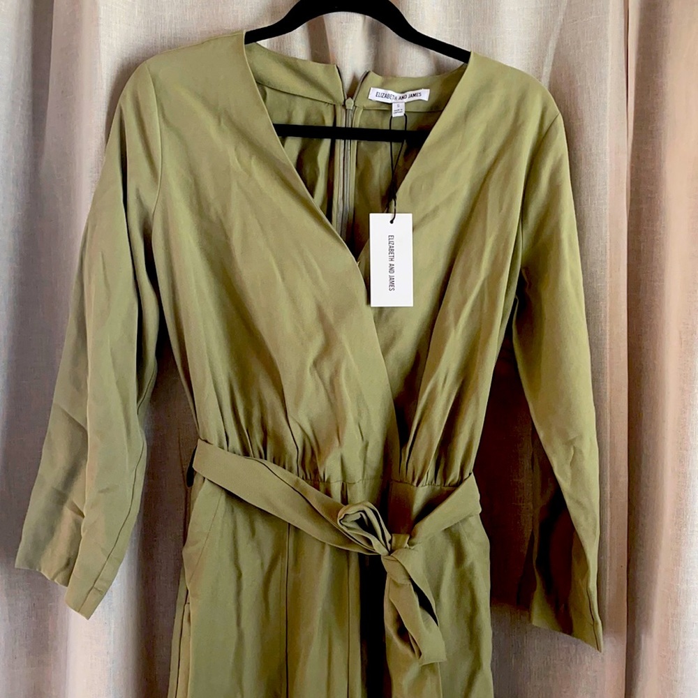 Elizabeth and Jame green jumpsuit with pockets and tie belt